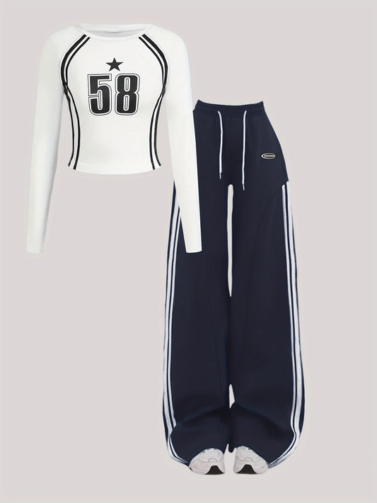 Ensemble femme 2pcs – T-shirt manches longues & pantalon à cordon