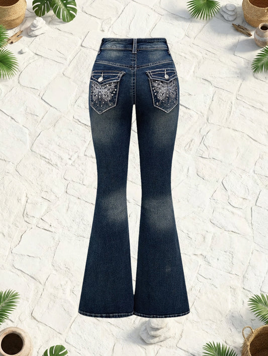 Pantalon denim femme tendance – Poches arrière décorées
