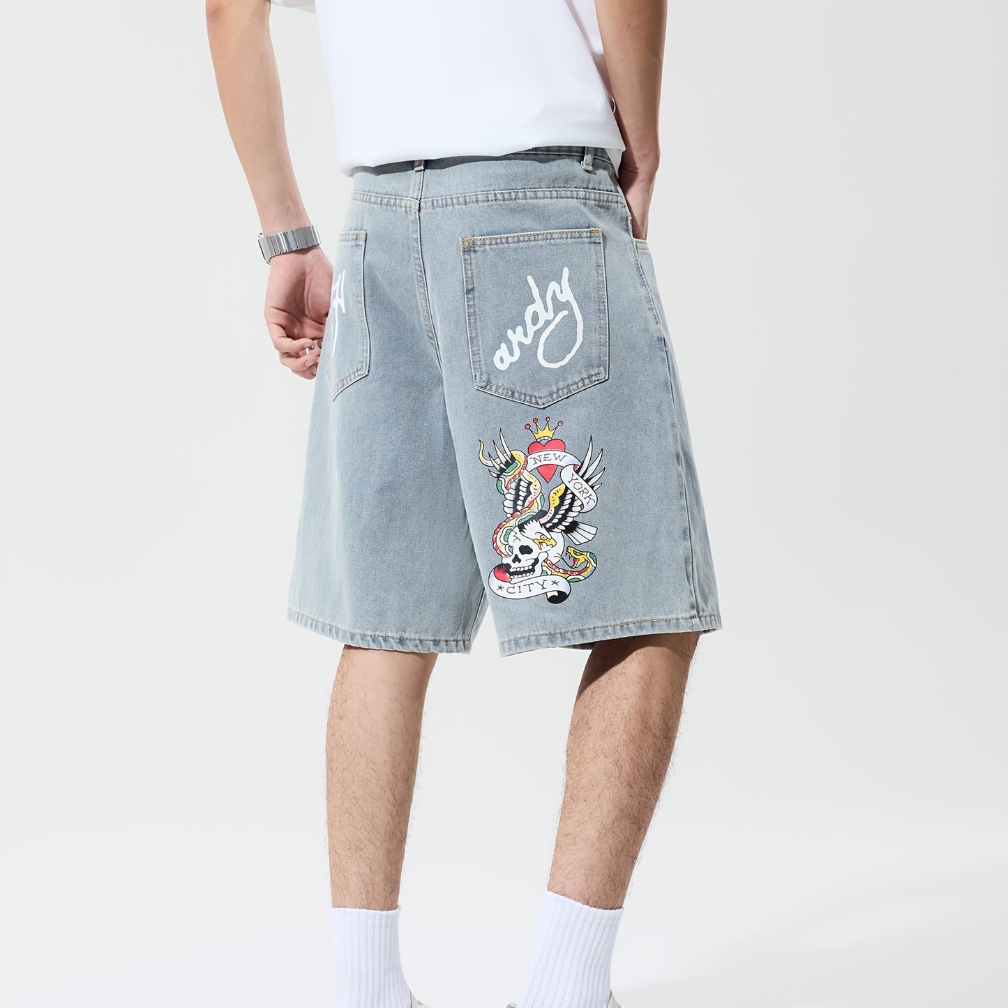 1pc Men's Streetwear Shorts - Loose Fit Non-Stretch Jeans-like Pants with Lettering, Knee-Length Casual Urban Outfit for Concerts, Festivals - Machine Washable, Concert Attire, Trendy Design, Denimlike Fabric, Festival Goers