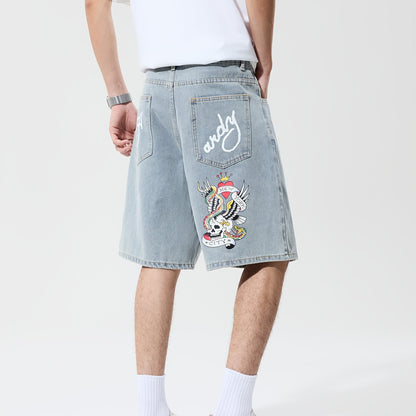 1pc Men's Streetwear Shorts - Loose Fit Non-Stretch Jeans-like Pants with Lettering, Knee-Length Casual Urban Outfit for Concerts, Festivals - Machine Washable, Concert Attire, Trendy Design, Denimlike Fabric, Festival Goers