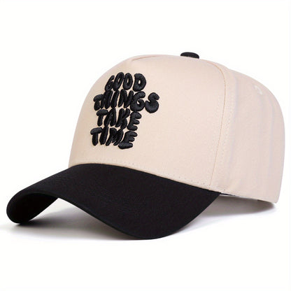 1pc Men's GOOD THINGS TAKE TIME Letter Baseball Cap, Fashion Five-Panel Adjustable Casual Outdoor Hat for Spring Autumn Travel Beach Party