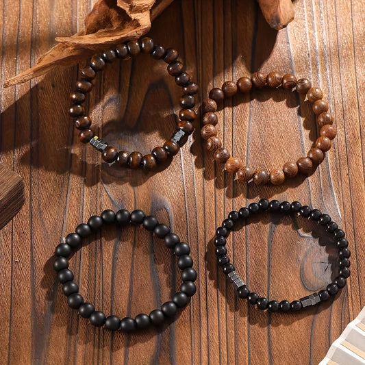 Lot de 4 Bracelets Homme – Pierres Noires et Perles en Bois