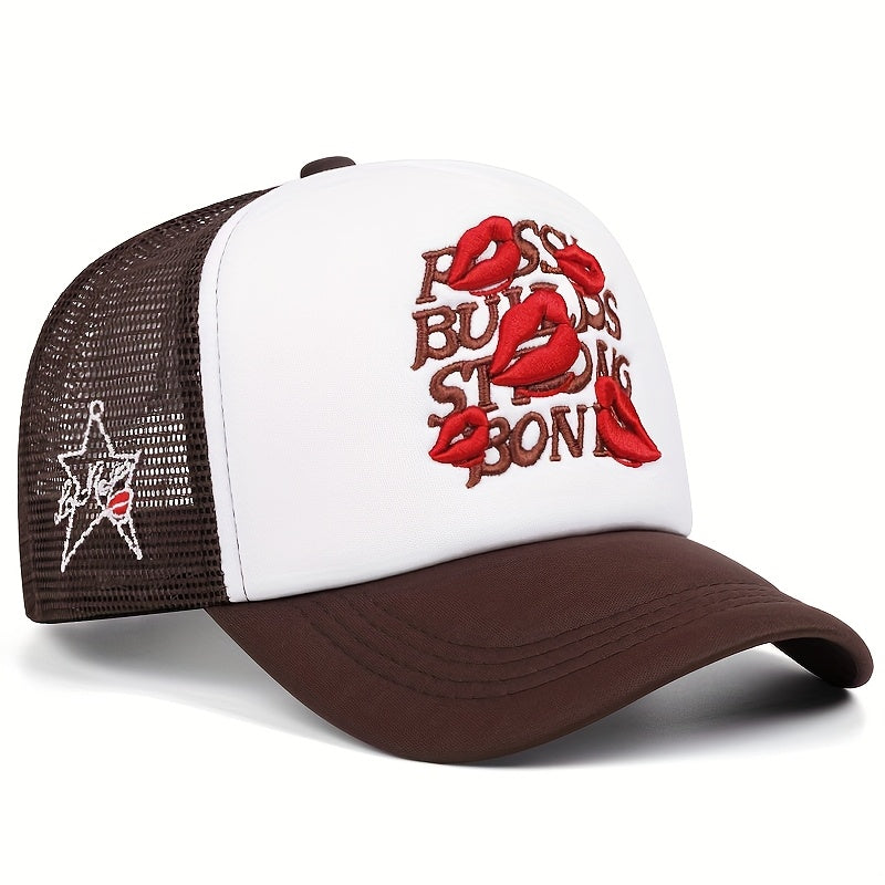 A Men'S Baseball Cap with Lip Print Embroidery, a Hip-Hop Trucker Hat for Outdoor Sports, Suitable for Women