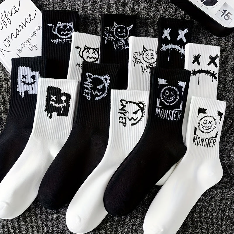 5 Paires de Chaussettes Mi-Mollet Noires & Blanches – Style Minimaliste et Cartoon