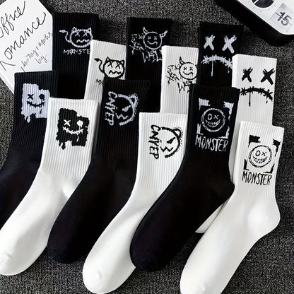 5 Paires de Chaussettes Mi-Mollet Noires & Blanches – Style Minimaliste et Cartoon