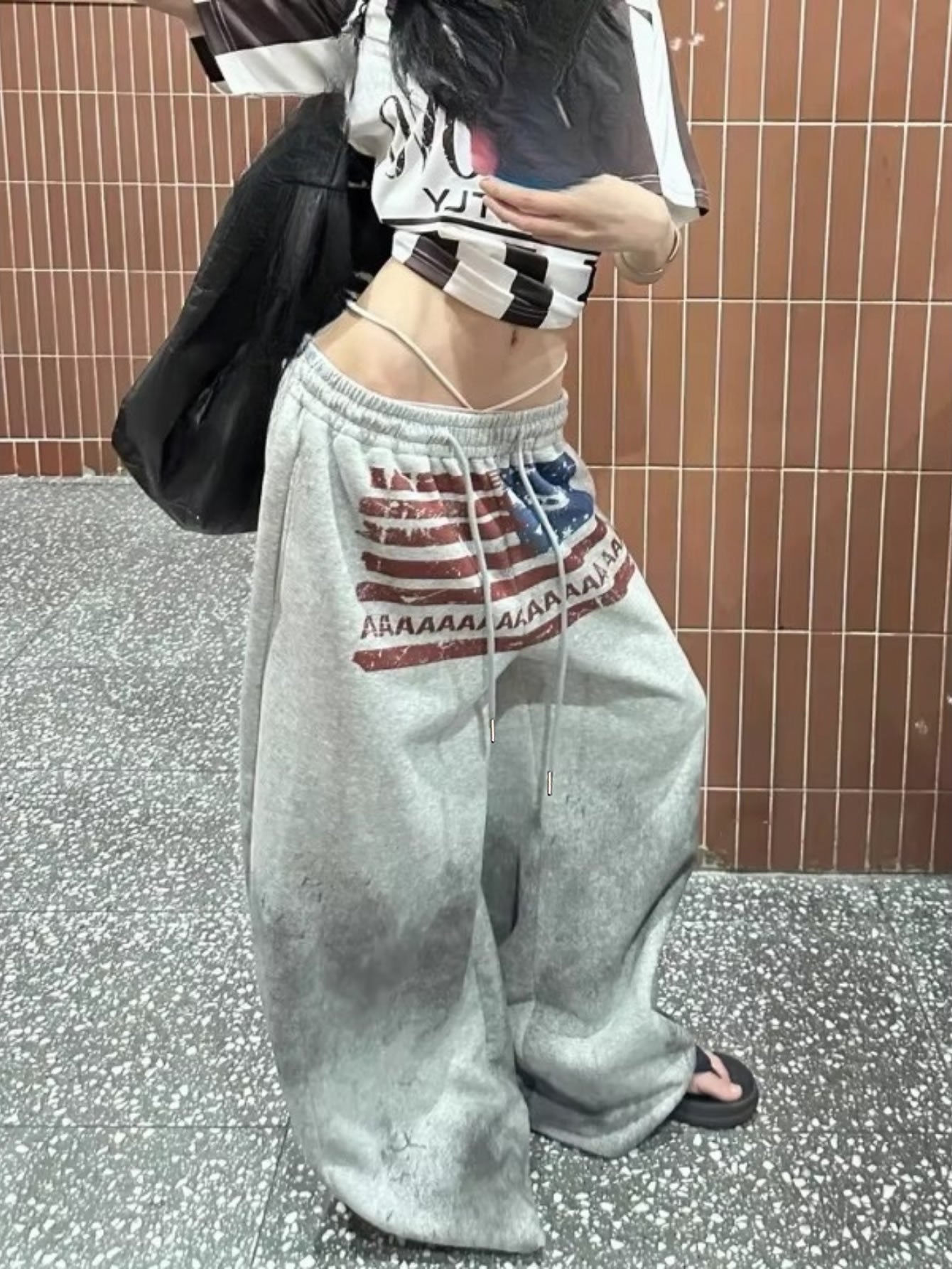 Pantalon Jogging Femme Y2K – Taille Élastique, Coupe Droite Large, Imprimé Lettres