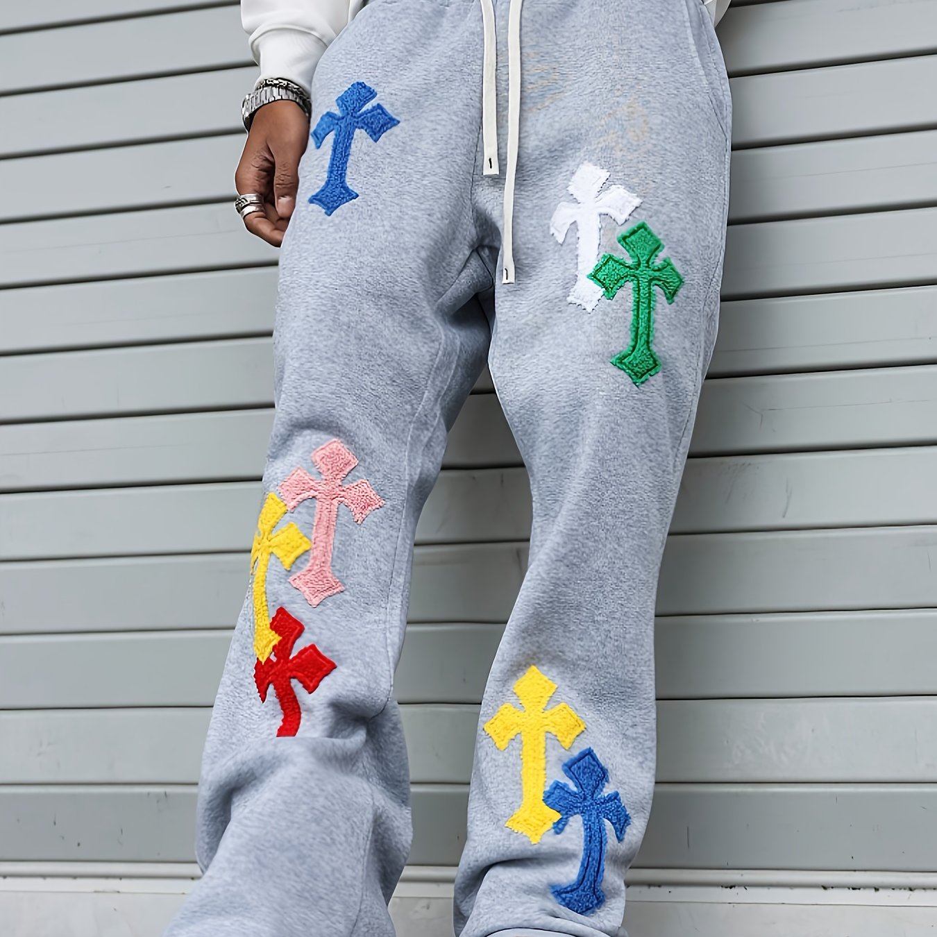 Pantalon de Jogging Homme Style Street Punk – Broderie Géométrique, Coupe Ample, Jambe Évasée, Idéal pour Toutes les Saisons