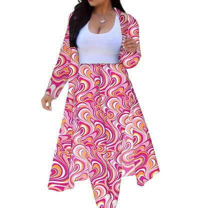 Casual Chain Print Two-piece Set, Long Sleeve Open Front Coat & High Waist Pants Outfits, Women's Clothing