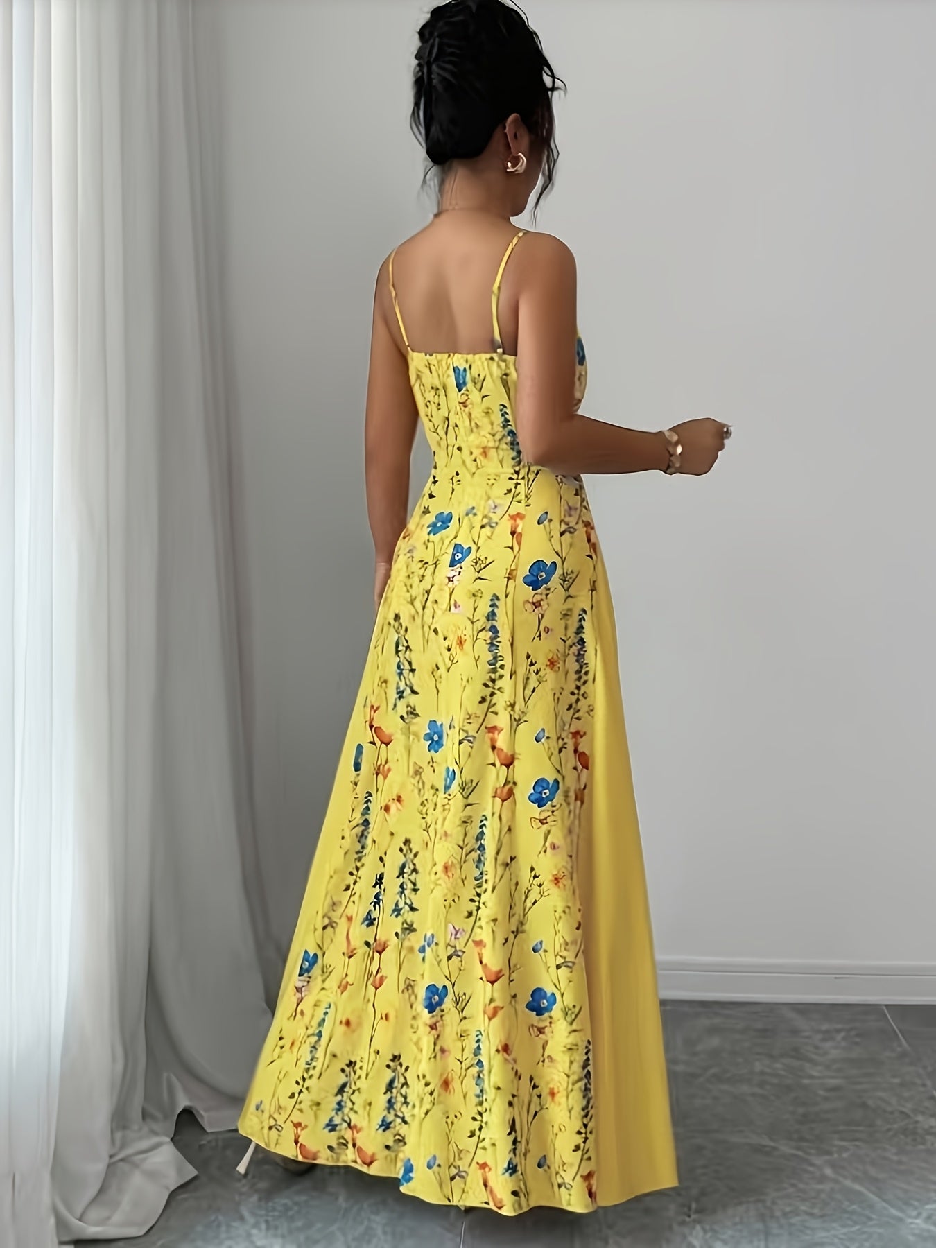 Robe Maxi Femme à Imprimé Floral – Bretelles Fines à la Française, Dos Nu, Jupe Évasée, Sans Manches, Parfaite pour Printemps et Été