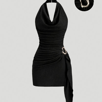 Robe Femme Sexy – Col Drapé, Taille Froncée, Ourlet Asymétrique avec Boucles Métal, Parfaite pour Soirées et Fêtes