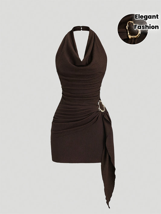 Robe Femme Sexy – Col Drapé, Taille Froncée, Ourlet Asymétrique avec Boucles Métal, Parfaite pour Soirées et Fêtes