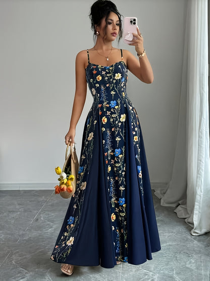 Robe Maxi Femme à Imprimé Floral – Bretelles Fines à la Française, Dos Nu, Jupe Évasée, Sans Manches, Parfaite pour Printemps et Été