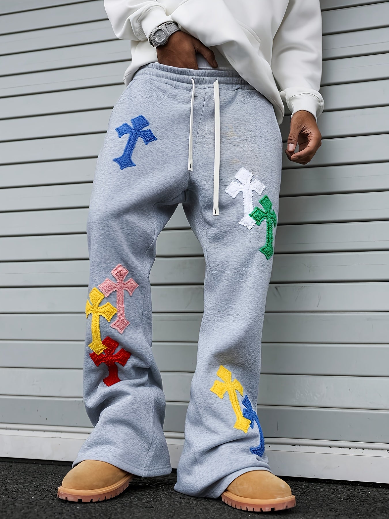 Pantalon de Jogging Homme Style Street Punk – Broderie Géométrique, Coupe Ample, Jambe Évasée, Idéal pour Toutes les Saisons