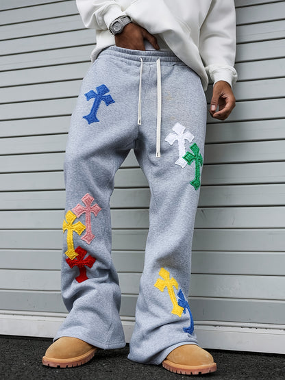 Pantalon de Jogging Homme Style Street Punk – Broderie Géométrique, Coupe Ample, Jambe Évasée, Idéal pour Toutes les Saisons