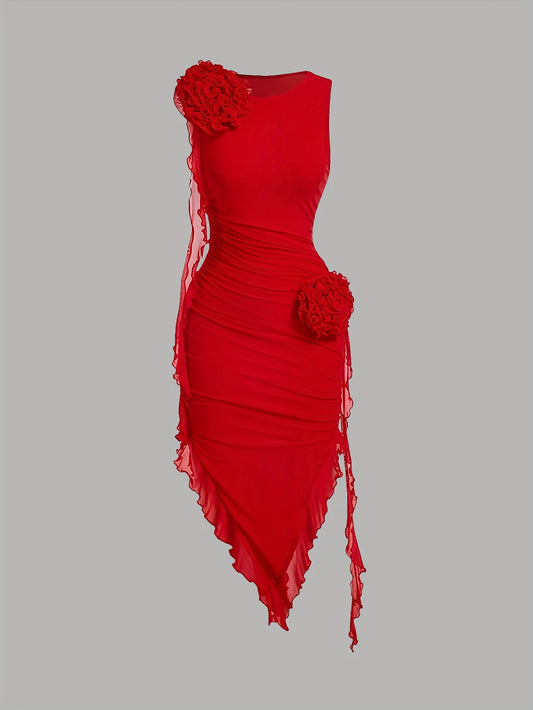 Robe bodycon rouge – Ourlet asymétrique & fleurs 3D