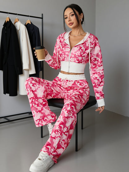 Ensemble Femme 2 Pièces – Top Zippé Court et Pantalon Long Camouflage, Look Décontracté et Tendance