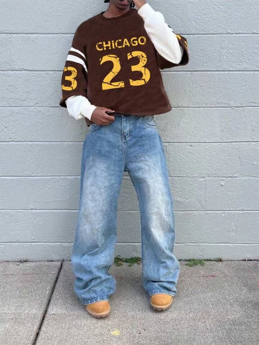 T-Shirt Homme Effet 2-en-1 – Imprimé Lettre, Manches Longues, Style Streetwear