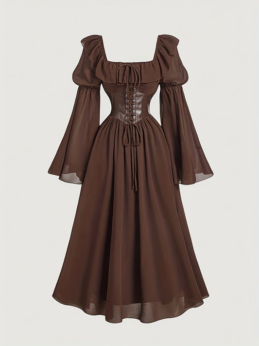 Robe Princesse Renaissance – Col Carré & Manches Longues Élégantes