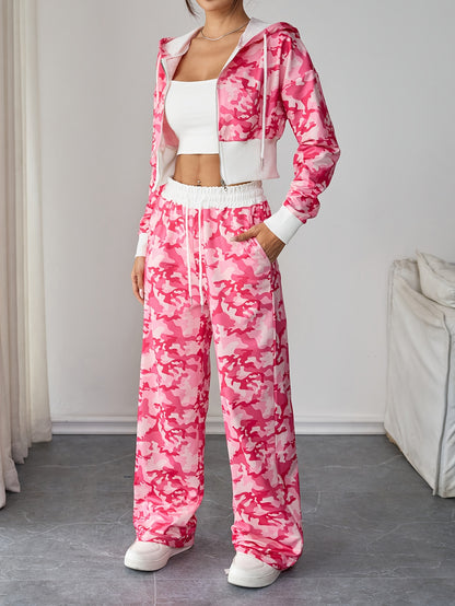 Ensemble Femme 2 Pièces – Top Zippé Court et Pantalon Long Camouflage, Look Décontracté et Tendance