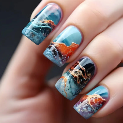 24 Ongles Press-On Bleus – Design Love & Rayures Dorée