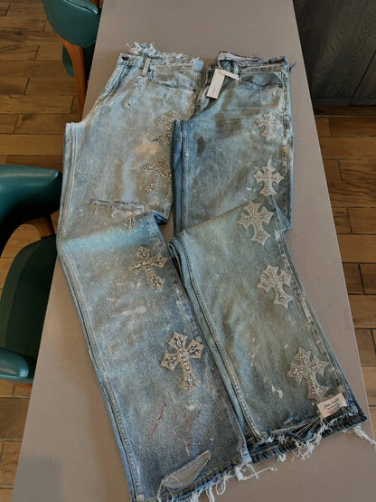 Jean Y2K Rétro Américain – Baggy à Strass & Sequins