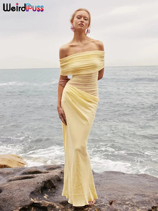 Robe Bodycon Femme Froncée – Patchwork Mesh, Col Slash, Coupe Moulante Élégante