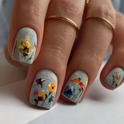 24 Ongles Press-On Bleus – Design Love & Rayures Dorée