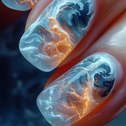 24 Ongles Press-On Bleus – Design Love & Rayures Dorée