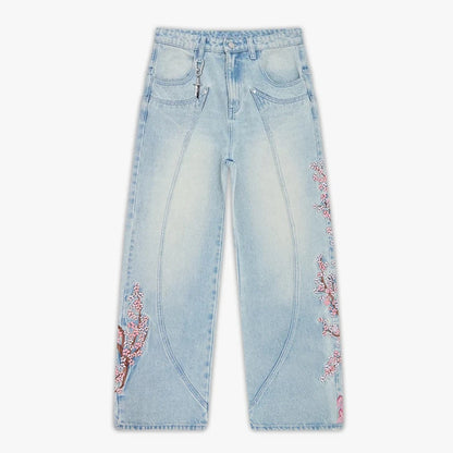 Jean Y2K Rétro – Broderie Fleurs de Cerisier, Coupe Large, Taille Haute, Streetwear Unisexe