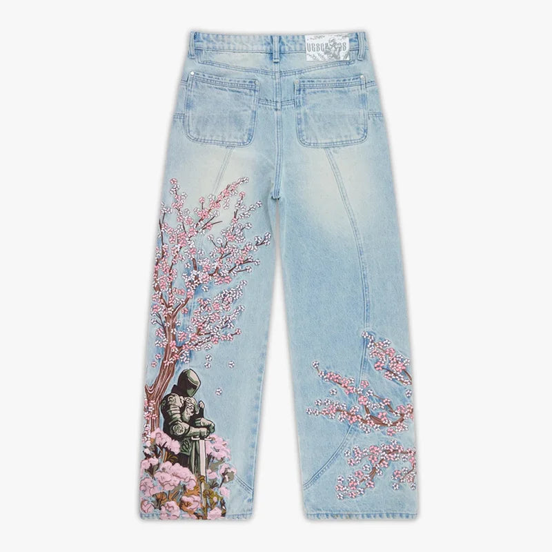 Jean Y2K Rétro – Broderie Fleurs de Cerisier, Coupe Large, Taille Haute, Streetwear Unisexe