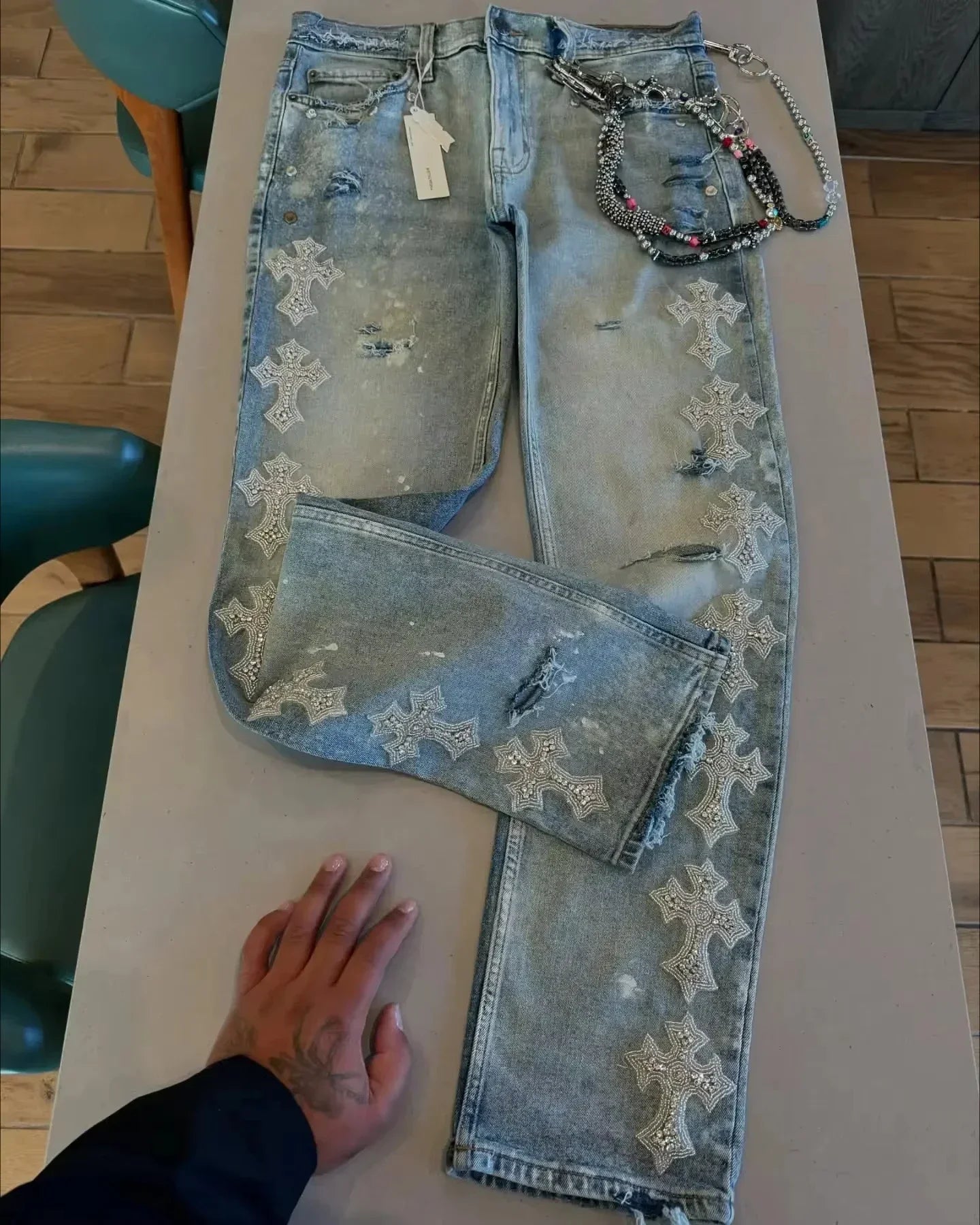 Jean Y2K Rétro Américain – Baggy à Strass & Sequins