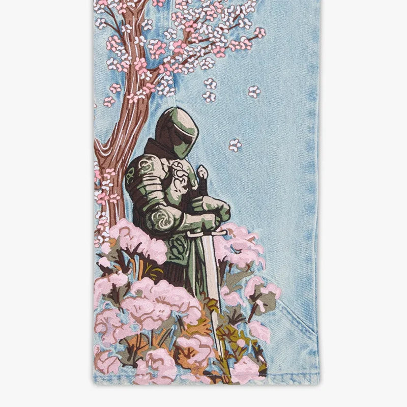 Jean Y2K Rétro – Broderie Fleurs de Cerisier, Coupe Large, Taille Haute, Streetwear Unisexe
