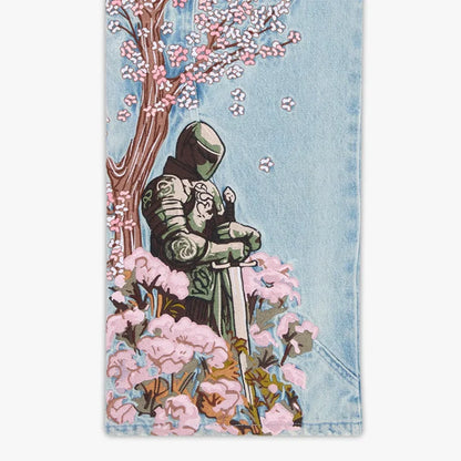 Jean Y2K Rétro – Broderie Fleurs de Cerisier, Coupe Large, Taille Haute, Streetwear Unisexe