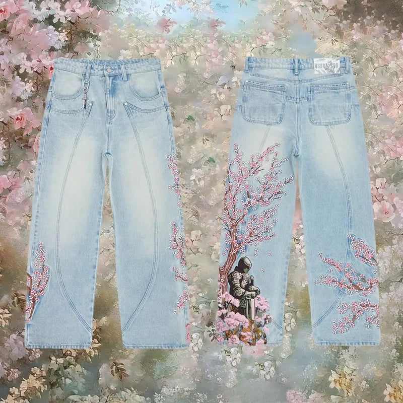 Jean Y2K Rétro – Broderie Fleurs de Cerisier, Coupe Large, Taille Haute, Streetwear Unisexe
