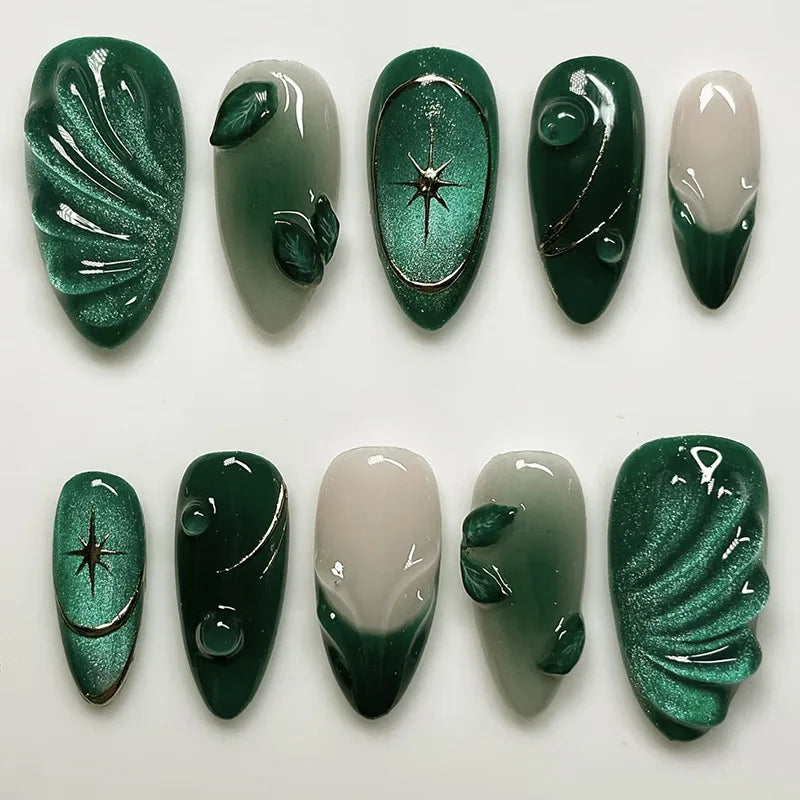 24 Faux Ongles Amande – Effet 3D Vert & Œil de Chat