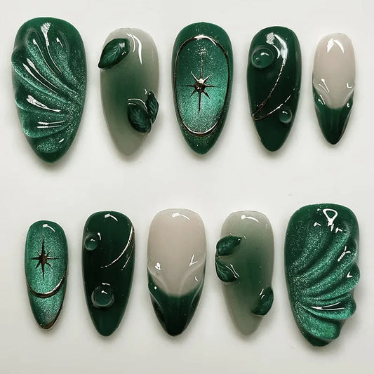 24 Faux Ongles Amande – Effet 3D Vert & Œil de Chat