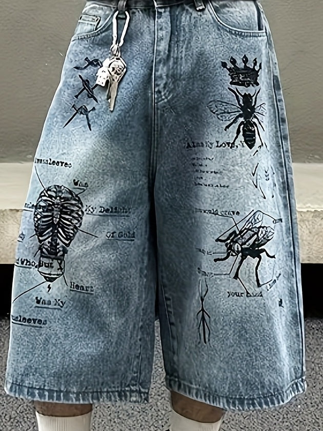 Short Jean Unisexe Style Rétro – Imprimé Graffiti Streetwear, Coupe Ample