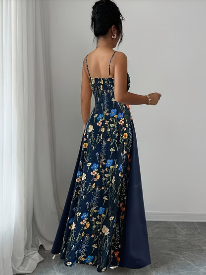 Robe Maxi Femme à Imprimé Floral – Bretelles Fines à la Française, Dos Nu, Jupe Évasée, Sans Manches, Parfaite pour Printemps et Été