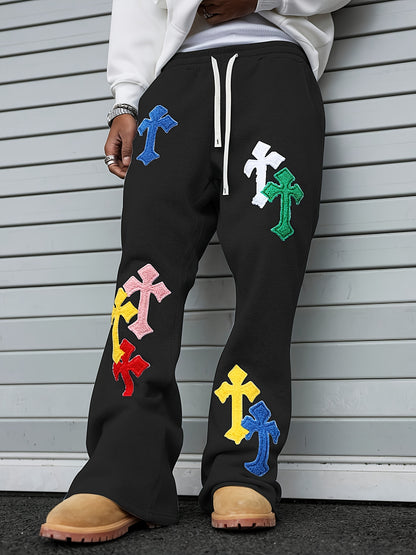 Pantalon de Jogging Homme Style Street Punk – Broderie Géométrique, Coupe Ample, Jambe Évasée, Idéal pour Toutes les Saisons