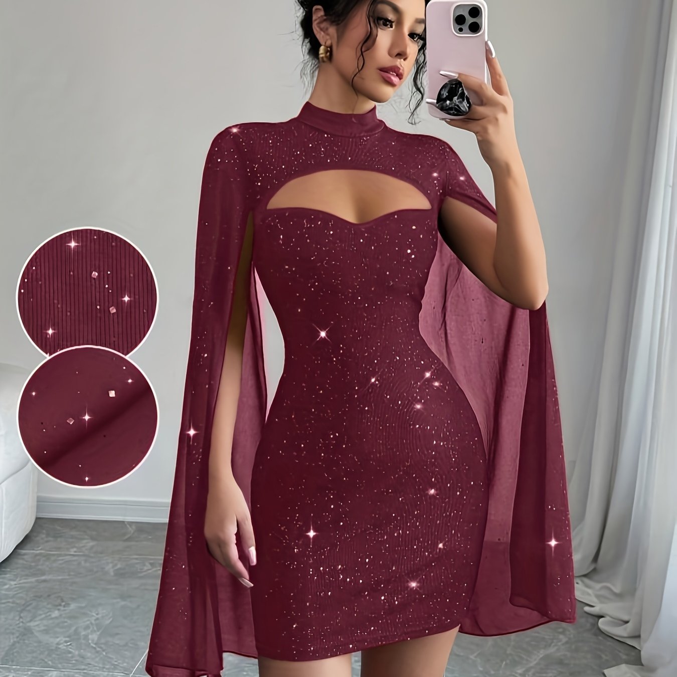 Robe Femme de Soirée – Col Montant, Style Cape Brillant, Parfaite pour Clubs et Fêtes