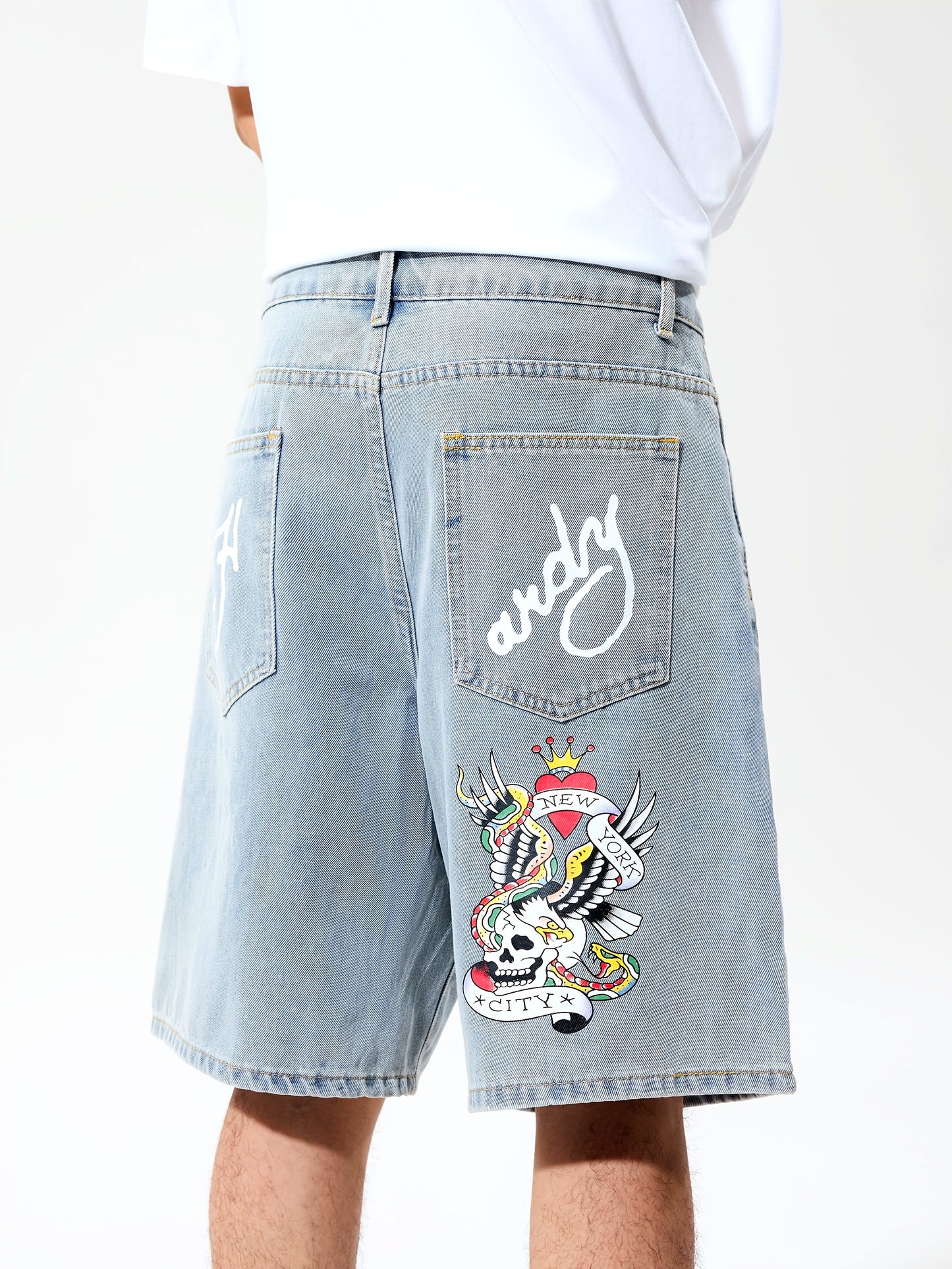 1pc Men's Streetwear Shorts - Loose Fit Non-Stretch Jeans-like Pants with Lettering, Knee-Length Casual Urban Outfit for Concerts, Festivals - Machine Washable, Concert Attire, Trendy Design, Denimlike Fabric, Festival Goers