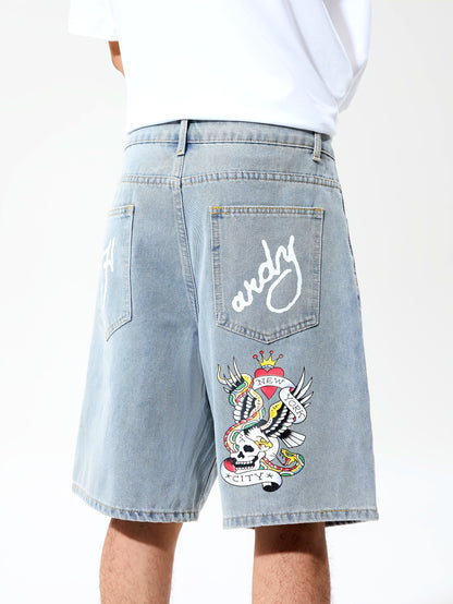 1pc Men's Streetwear Shorts - Loose Fit Non-Stretch Jeans-like Pants with Lettering, Knee-Length Casual Urban Outfit for Concerts, Festivals - Machine Washable, Concert Attire, Trendy Design, Denimlike Fabric, Festival Goers