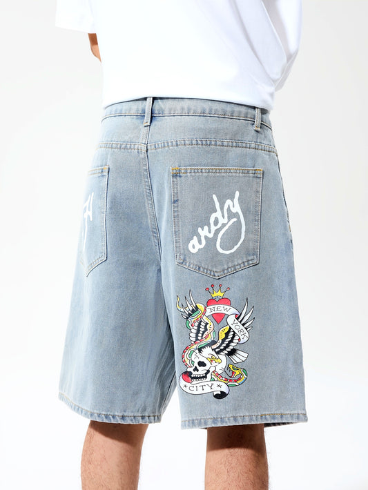 1pc Men's Streetwear Shorts - Loose Fit Non-Stretch Jeans-like Pants with Lettering, Knee-Length Casual Urban Outfit for Concerts, Festivals - Machine Washable, Concert Attire, Trendy Design, Denimlike Fabric, Festival Goers