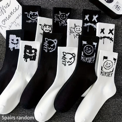 5 Paires de Chaussettes Mi-Mollet Noires & Blanches – Style Minimaliste et Cartoon