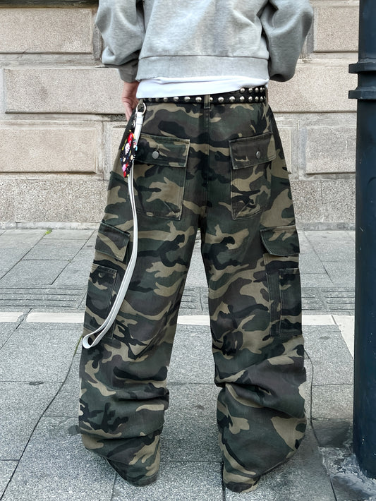 American High Street Vintage Camouflage Cargo Men's Wide-Leg Jeans - Multi-Pocket Design Loose Versatile Casual Pants (Belt Not Included/Accessories Not Included)