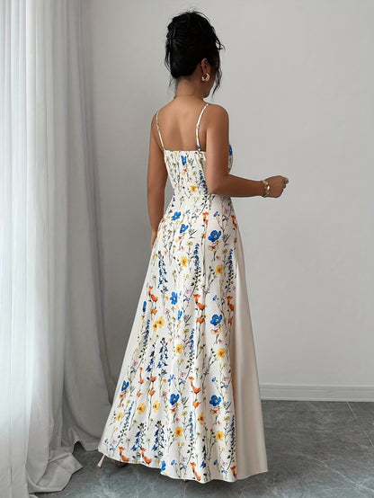 Robe Maxi Femme à Imprimé Floral – Bretelles Fines à la Française, Dos Nu, Jupe Évasée, Sans Manches, Parfaite pour Printemps et Été