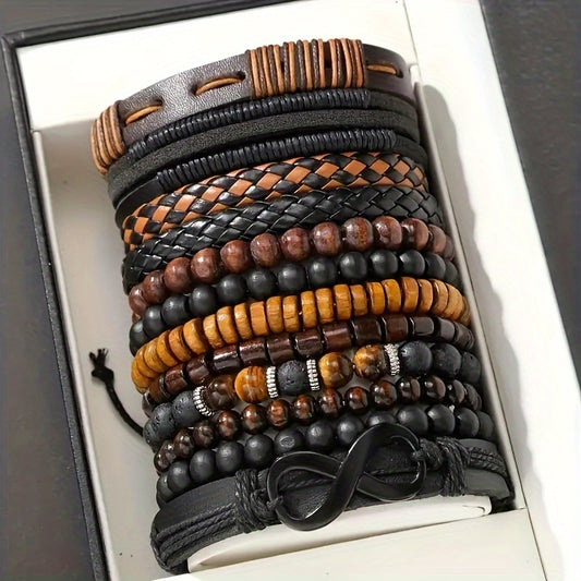 Lot de 12 Bracelets Tressés Rétro en Similicuir avec Perles Œil de Tigre & Pierre de Lune