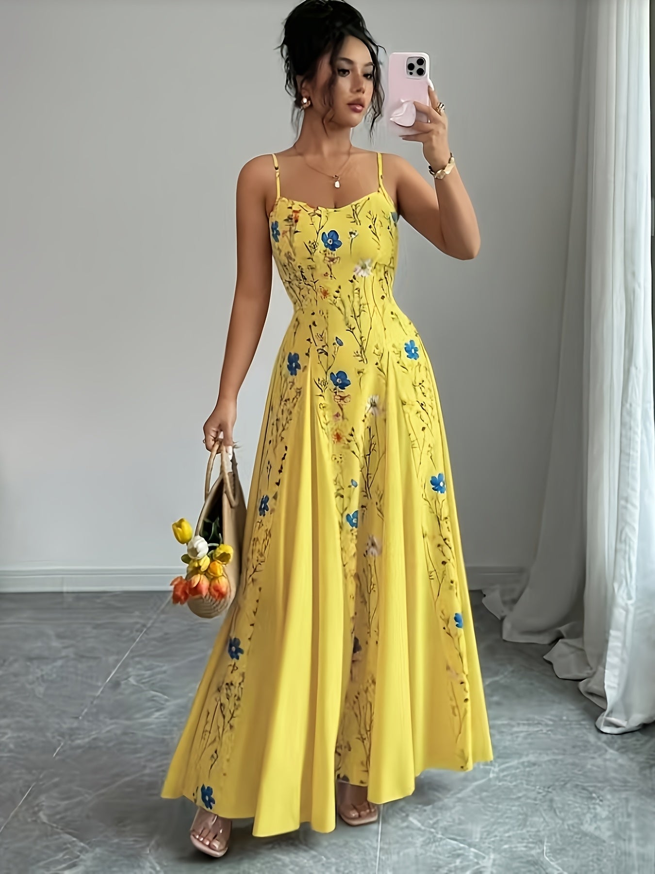 Robe Maxi Femme à Imprimé Floral – Bretelles Fines à la Française, Dos Nu, Jupe Évasée, Sans Manches, Parfaite pour Printemps et Été