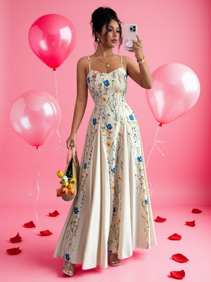 Robe Maxi Femme à Imprimé Floral – Bretelles Fines à la Française, Dos Nu, Jupe Évasée, Sans Manches, Parfaite pour Printemps et Été