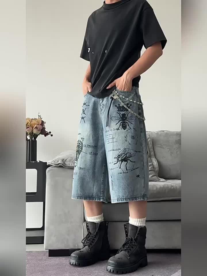 Short Jean Unisexe Style Rétro – Imprimé Graffiti Streetwear, Coupe Ample